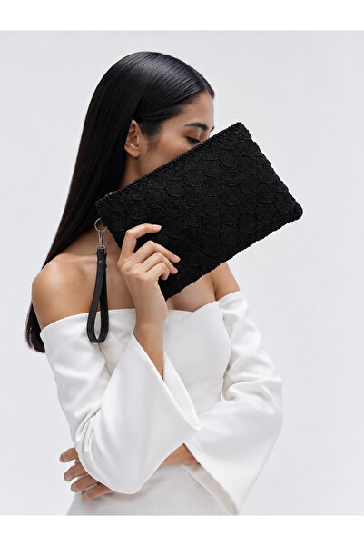 Mia Collection Lace Model Clutch Bag, Portfolio Bag, Handbag Black