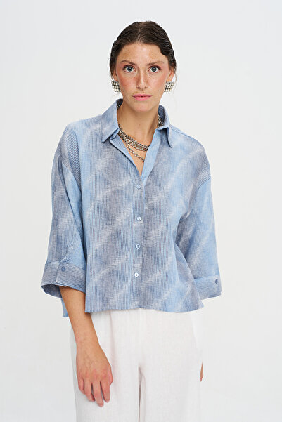 Orfeo Negro Women's Striped Tie-Dye Patterned Blue Flowy Short Shirt