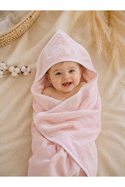 Pure Boutique Prosop bebe cu gluga din bumbac roz cu broderie LOVE, 80x90 cm
