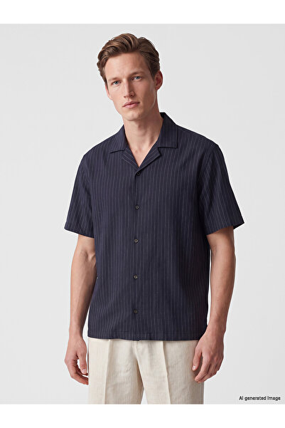 LC Waikiki Southblue Navy Blue Regular Fit Striped Linen Blend Men's Shirt
