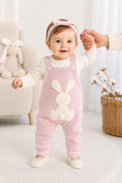 Pure Boutique Set salopeta tricotata roz cu iepuras si bluza crem pentru bebe...