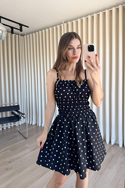 Sue Store Μαύρο και λευκό φόρεμα με πουά και λουράκια με διακοσμητικό σχέδιο ...