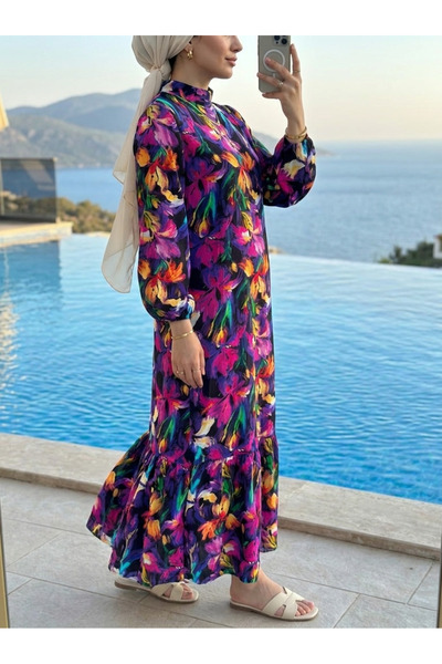 Kirazca Butik Women's Viscose Patterned Comfortable Fit Hijab Dress