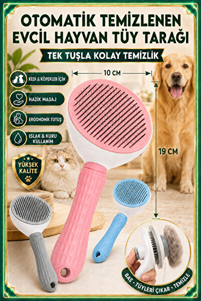 Otomatik Temizlenen Kedi Köpek Tüy Toplama Tarağı Tuşlu Evcil Hayvan Bakım Fırçası (Pembe)