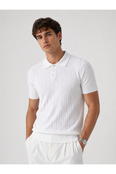 ESKAP Erkek Polo Yaka Desenli Triko Tişört Kısa Kollu Slim Fit Beyaz Yazlık Triko
