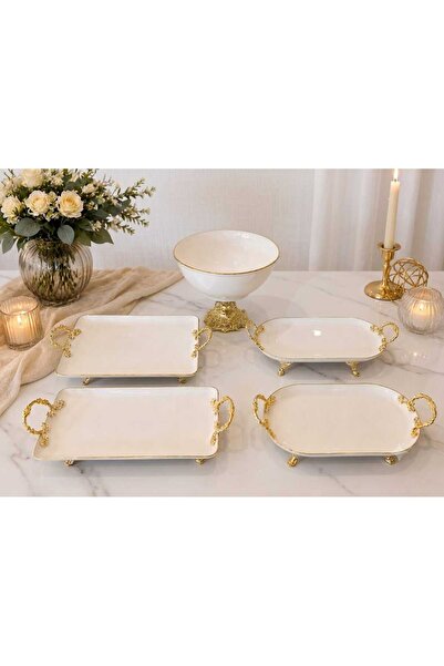 Buldem 5-Piece Gold Porcelain Metal Footed Stylish Design Presentation Tray w...