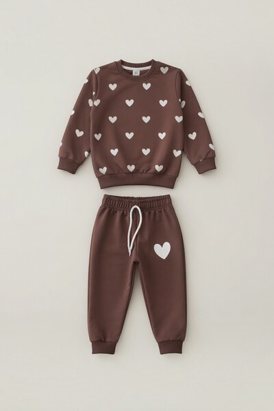 Kalyoncu Butik Heart Print Detailed Cotton Brown Girls' Set