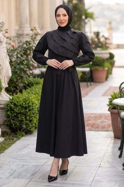hafsamina Layered Detailed Elastic Waist Belted Dress Black Hm2947