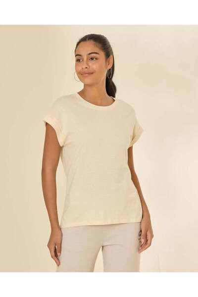 REDTAG Women Cream Plain Extended Shoulder T-Shirt