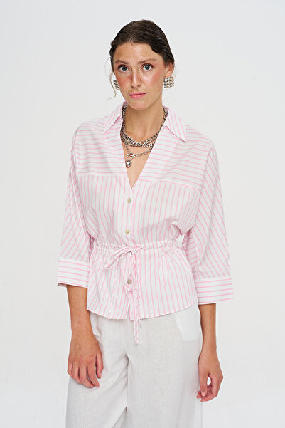 Orfeo Negro Women's Striped Flowy Shirt with Drawstring Waist and Tie