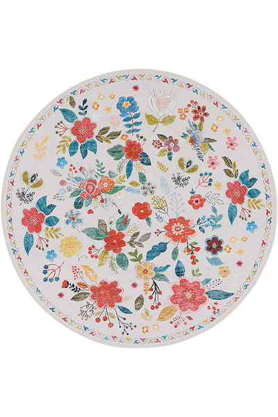Cool Halı Daisy Krem Yuvarlak Çiçek Desenli Halı Bohem Vintage Dekoratif Mutf...