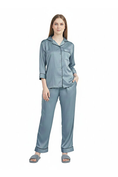 RIZQE Dusty Blue Grey Imported Satin Nightsuit |Premium Rizqé by Zadine Pyjam...