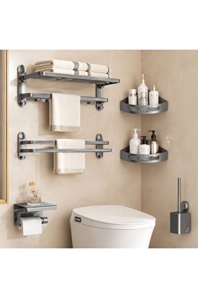 idei Aluminum bathroom accessory set, 6 pieces, towel rack, corner shelf, toi...