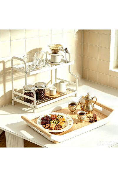 HT Home Organizers رف تخزين معدني أبيض بطبقتين للطاولة، منظم للمطبخ والقهوة، ...