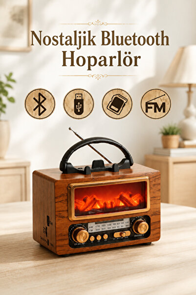 Abbruch Nostaljik Bluetooth Hoparlör FM Radyo USB TF Kart Destekli Şömine Efe...