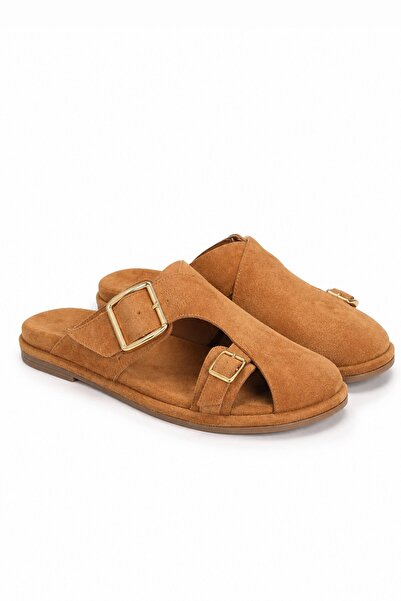İX Almond Women's Brown Double Buckle Detailed Suede Slippers