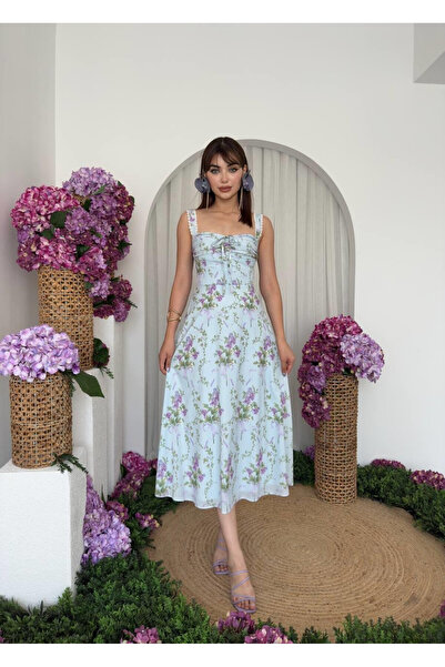 Clothes Fast Women's Blue Floral Patterned Drawstring Strap Square Neck Midi ...