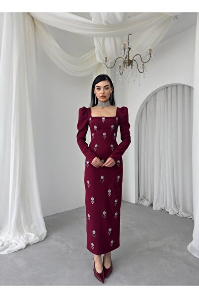 Moda Days Women's Burgundy Stone Detailed Square Neck Balloon Shoulder Long S...