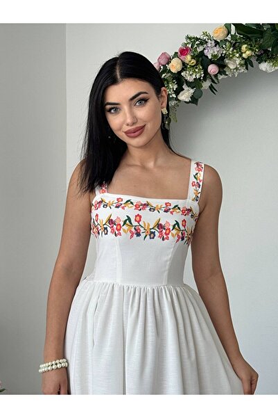 Clothes Fast فستان نسائي أبيض متوسط الطول مطرز بياقة مربعة وحزام من الكتان عل...