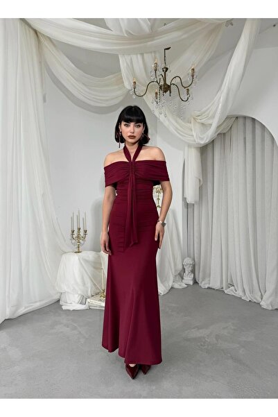 Moda Days Women's Burgundy Midi Dress Strapless Collar Draped Halter Lace-Up ...