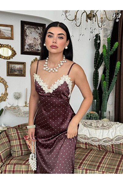 Clothes Fast Women's Brown Strappy Lace Appliqued Polka Dot Satin V-Neck Midi...