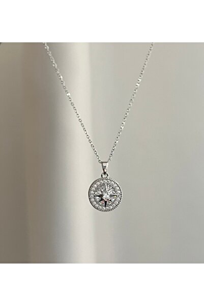 DİBA AVM Necklace 316L Steel Women's Necklace Compass Star Stone Round Medall...