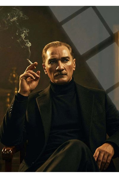 Genel Markalar Koyu Fonlu Sigara İçen Atatürk Portre Cam Tablo