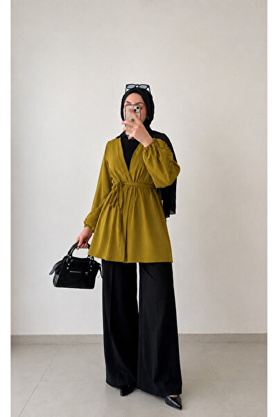 DİLEKBUTİK Yağ yeşili kemerli kimono