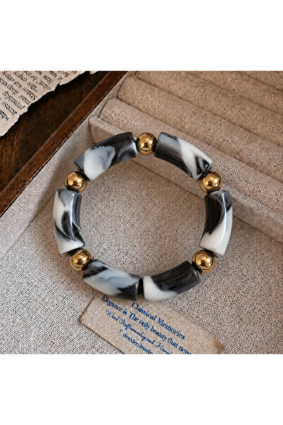 synshop Black and White Bone Marble Patterned Gold Beaded Bohemian Vintage Th...