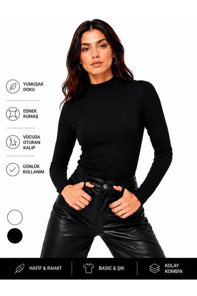 SMAC Women's Black Turtleneck Long Sleeve Body Basic Blouse