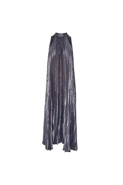 Forel Γυναικείο Γκρί Πλισέ Φόρεμα Με Strass