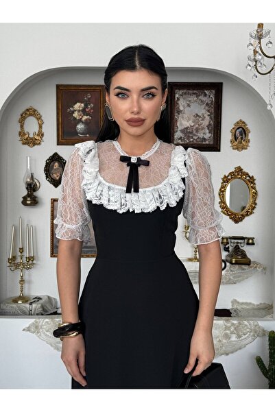 Moda Days Women's Black Midi Dress Lace Collar Ruffle Detailed Balloon Sleeve...
