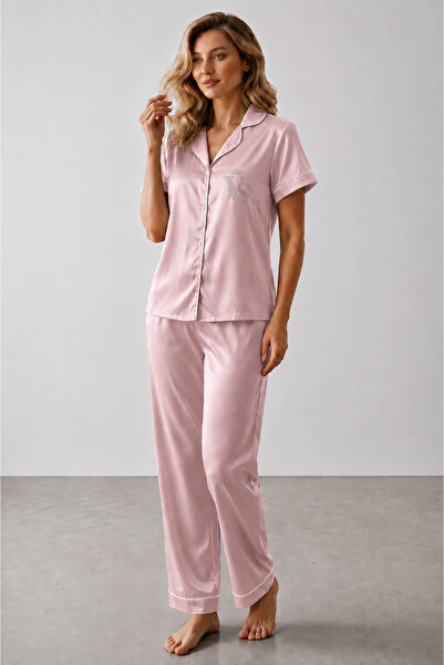 VİP SECRET Short-Sleeved Satin Pajama Set - Stone Printed