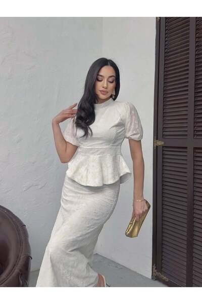 Clothes Fast Women's White Midi Dress with High Neck, Balloon Sleeves, Ruffle...