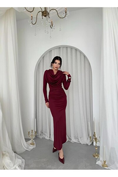 Moda Days Women's Burgundy Degaje Collar Draped Long Sleeve Gathered Midi Dress