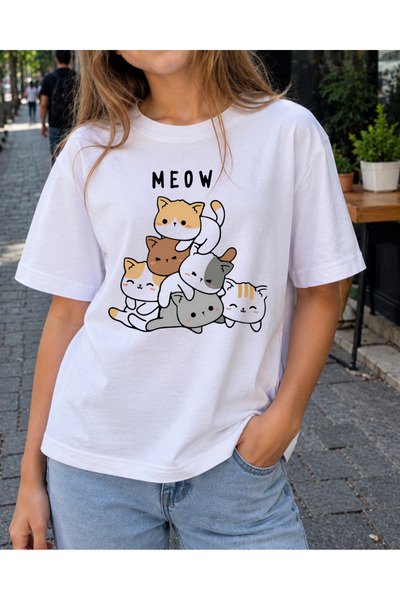 Meow Kedi Sevimli Kedi Baskılı Pamuklu Kısa Kollu T-Shirt
