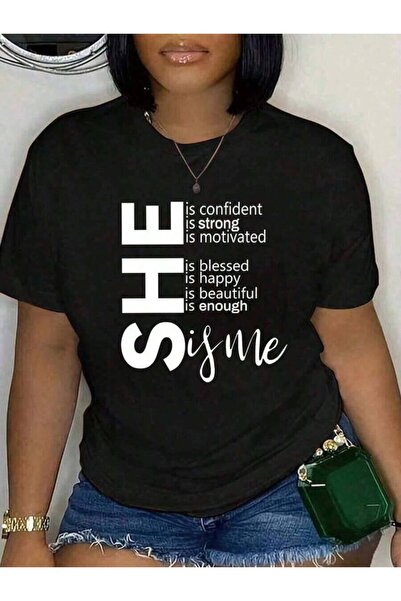 25W Maweii Plus Short-Sleeved-Shirt With Slogan, SHE Confident Strong Motivat...