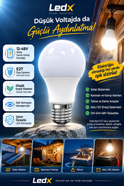LEDX 12-48Volt 9 Watt Led Ampul E27 Duylu 48 Volta Kadar Destekler Gemi Akü Solar Sistemlere Uyumlu