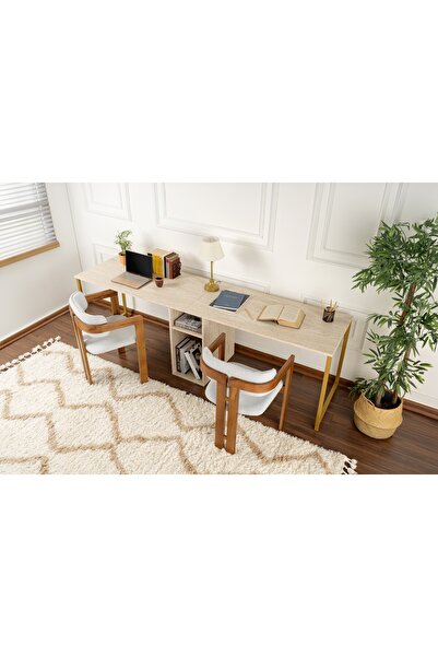Rani Mobilya Rani Home Çalışma Masası Traverten - Gold Metal Ayaklı İki Kişil...