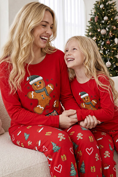Siyah İnci Red Patterned New Year's Themed Cotton Lycra Knitted Pajama Set262...