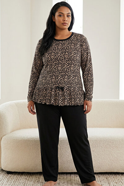 Siyah İnci Leopard Patterned Cotton Lycra Large Size Oversized Knitted Pajama...