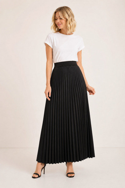 bihan store High Waist Elastic Waist Accordion Pleated Maxi Skirt 8940-Black