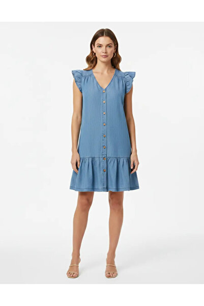 Sierra otantik Denim Mini Dress with Flywheel Sleeves and Gathered Skirt