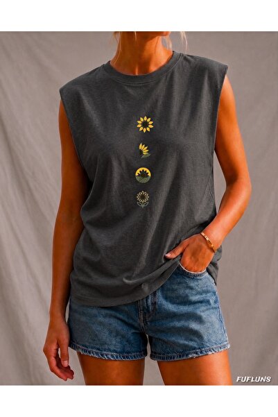 FUFLUNS Sari Flowers Printed Women's Regular Fit Crew Neck Sports Sleeveless ...