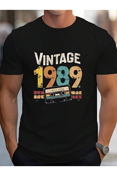 26LIK Men's Graphic Print Crew Neck T-Shirt, Vintage 1989 Cassette Tape Desig...