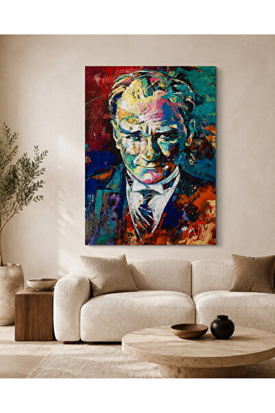 Atatürk Kanvas Renkli Yağlı Boya Görünümlü Mustafa Kemal Atatürk Portresi Duvar Dekoru