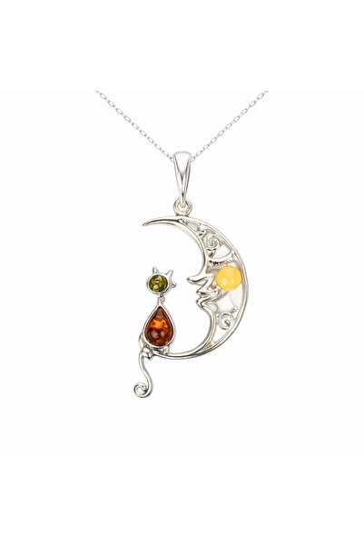 craftmystic 925 silver necklace, crescent moon with a natural amber cat – pro...