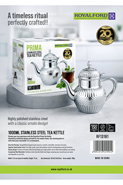 ROYALFORD 1000ml (34oz) Prima Stainless Steel Tea Kettle RF13161 Drip Free Po...