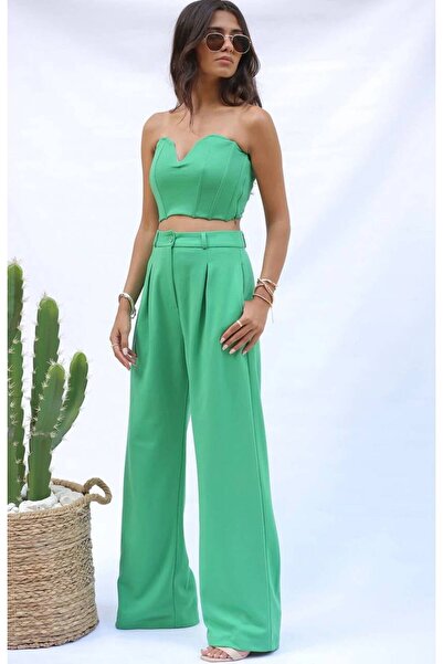 Olbia Women's Green High Waist Palazzo Pants with Pockets