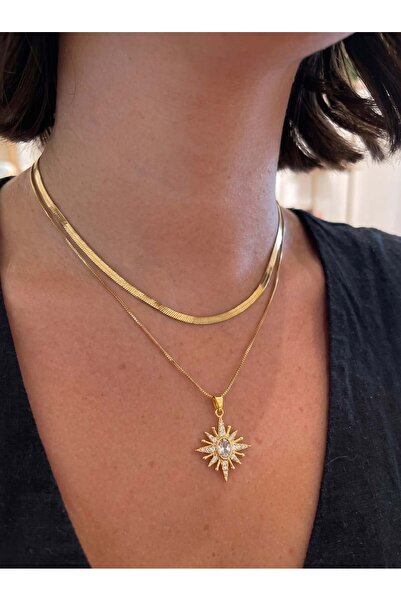 Eylülün Takısı Women's Gold Color Stone Luna 2-Piece Steel Necklace